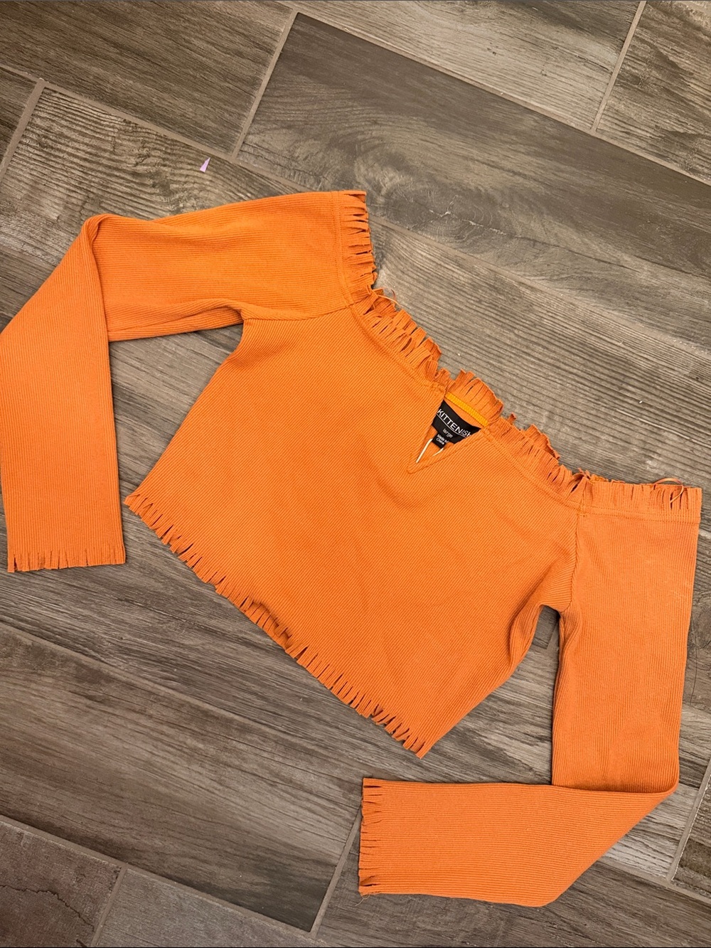 Kittenish Orange Off-Shoulder Fringe Sweater Top